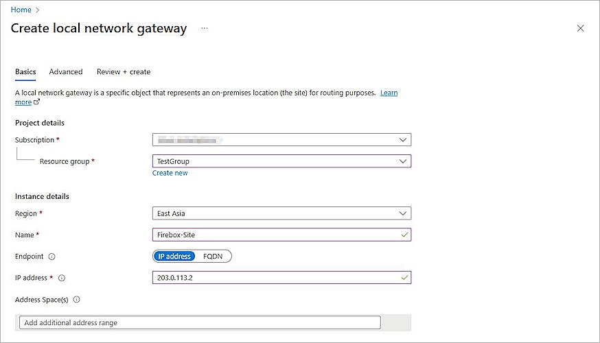 Screenshot of create a local network gateway.